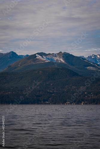 Vertical shot of a tranquil lake surrounded by forested mountains