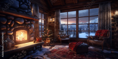 A cozy cabin lifestyle nestled in a snowy mountain landscape  with a crackling fireplace  warm blankets. Generative ai.