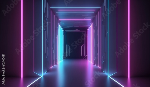 Abstract neon background with 3D render with pink, blue, and purple neon lines rising and shining in the UV range. Generative Ai.