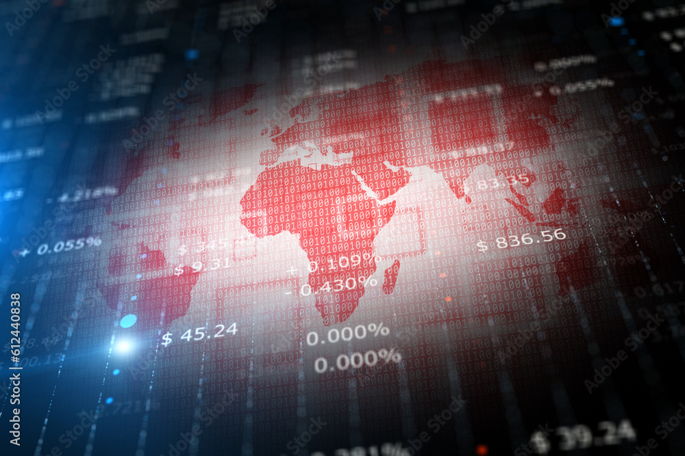 Abstract blurred digital business currency data with red world map illustration. Abstract blurred digital business currency data with red world map illustration.
