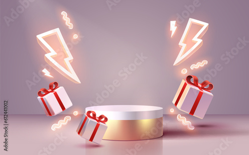 Scene mega sale, the gift and lightning symbol, super offer podium banner, gift pedestal. Vector illustration