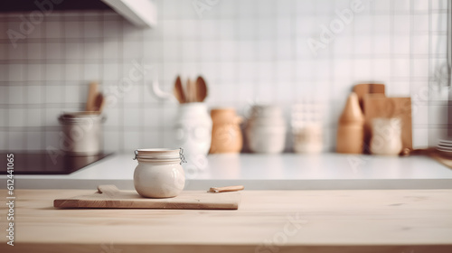 Empty table board and defocused white retro kitchen background