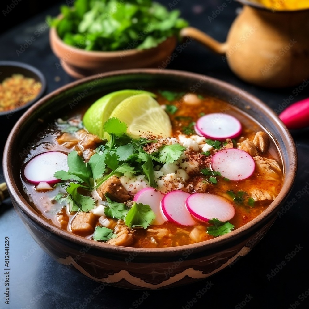Mexican traditional pozole. Contain ingredients: chicken, lettuce, radish, onion, lime, avocado and corn. Created with Generative AI technology
Mexican traditional pozole. Contain ingredients: chicken, lettuce, radish, onion, lime, avocado and corn. Created with Generative AI technology