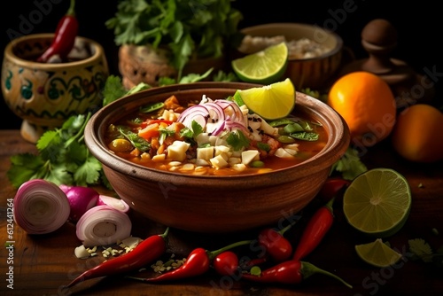Mexican traditional pozole. Contain ingredients: chicken, lettuce, radish, onion, lime, avocado and corn. Created with Generative AI technology
 photo