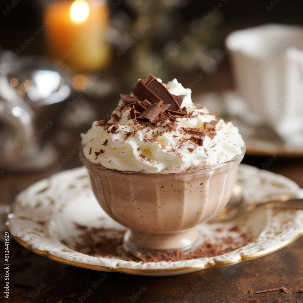 Cup of hot chocolate with cream and cocoa powder. Generative AI Cup of hot chocolate with cream and cocoa powder. Generative AI
