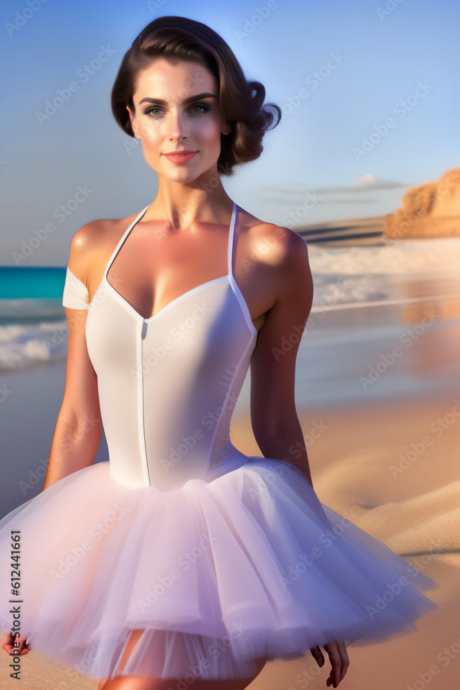 A beautiful brunette ballerina in pointe shoes and a tutu, posing on the shore. Generative AI_4. A beautiful brunette ballerina in pointe shoes and a tutu, posing on the shore. Generative AI_4.