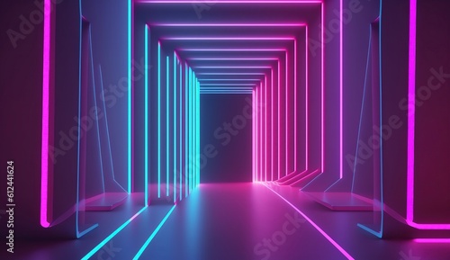 Abstract neon background with 3D render with pink, blue, and purple neon lines rising and shining in the UV range. Generative Ai.