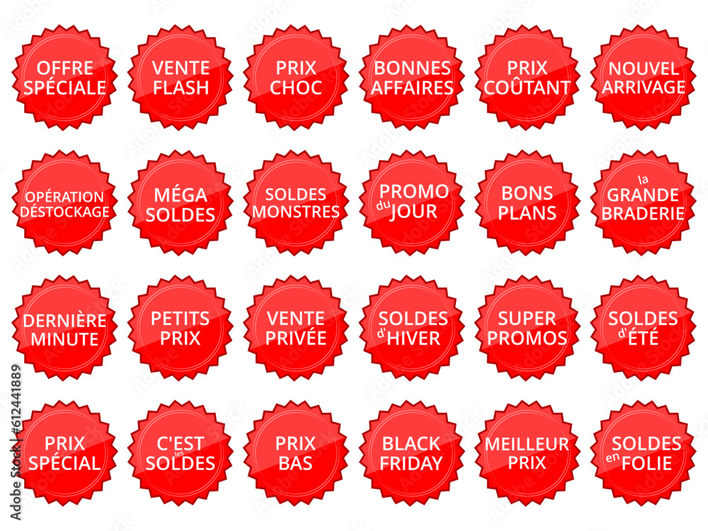 Collection Feuille d'icônes de 24 Slogans de Soldes - Rouge Blanc Collection Feuille d'icônes de 24 Slogans de Soldes - Rouge Blanc