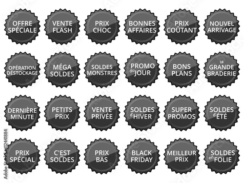 Collection Feuille d'icônes de 24 Slogans de Soldes - Noir Blanc