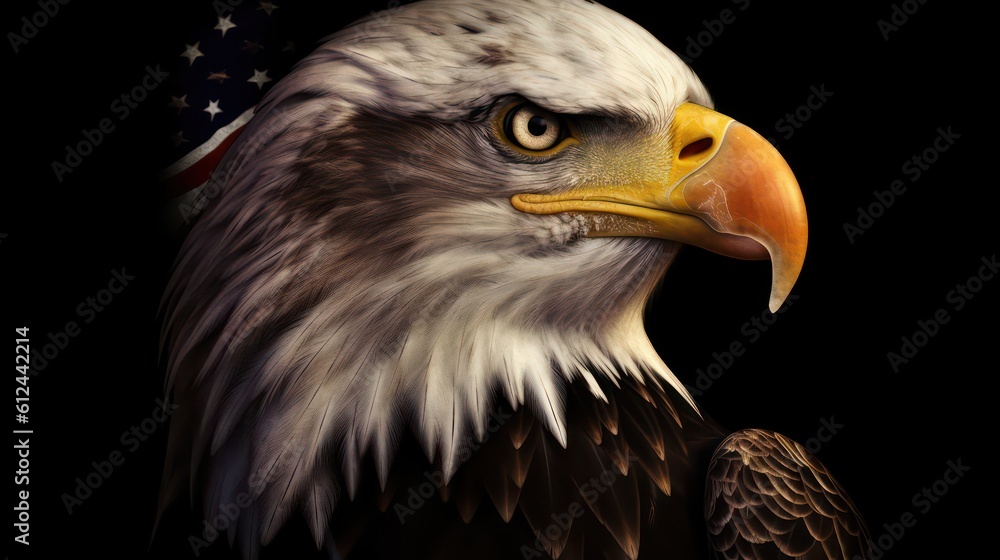 Fototapeta premium American Bald Eaglesymbol of america with flag. United States of America. Generative AI