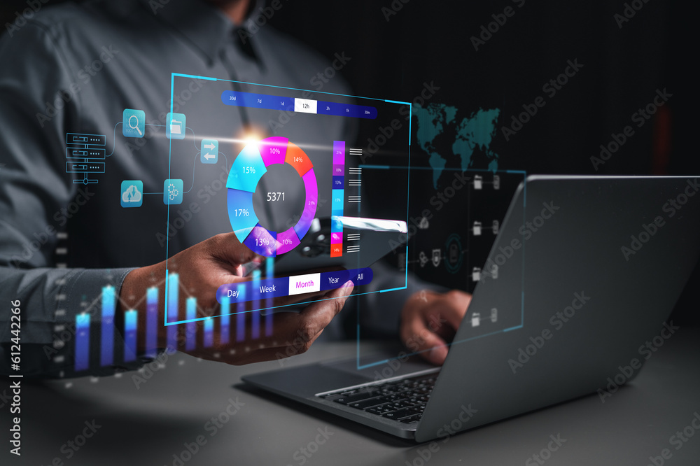 Businessman collecting data information converting into statistics. Businessman collecting data information converting into statistics.