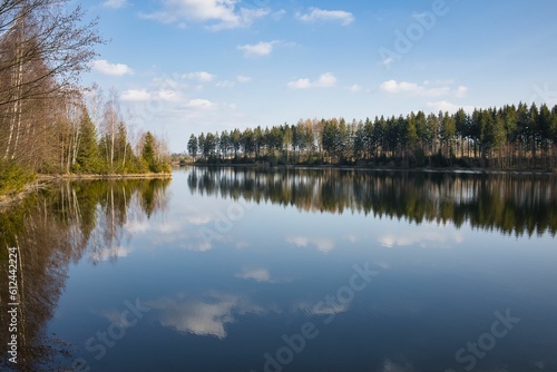 Beautiful natural view of a lake with a reflection of the sky and a forest