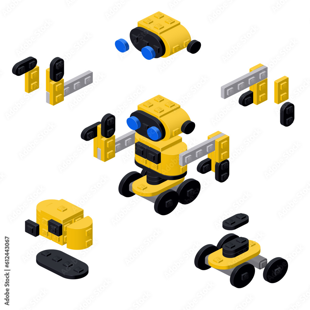 A concept with a yellow robot and its parts made of plastic blocks in an isometric style for printing and decoration. Vector illustration. A concept with a yellow robot and its parts made of plastic blocks in an isometric style for printing and decoration. Vector illustration.