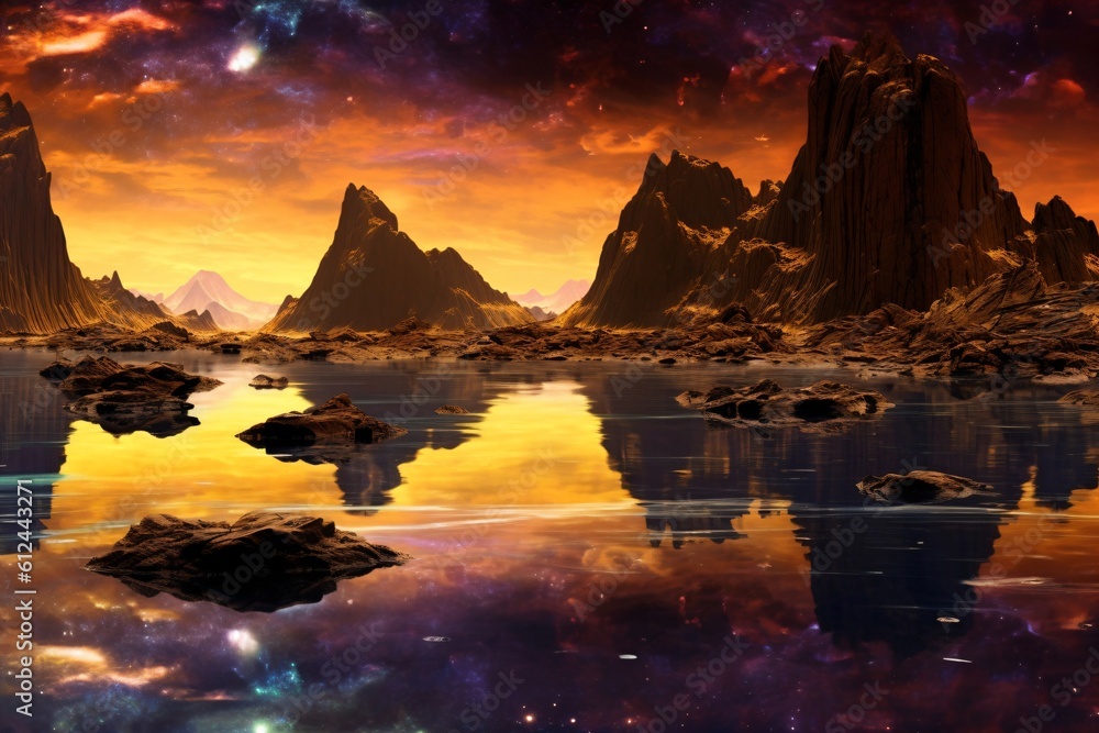 colorful evening sky and big rocks reflected in the water created with Generative AI technology
