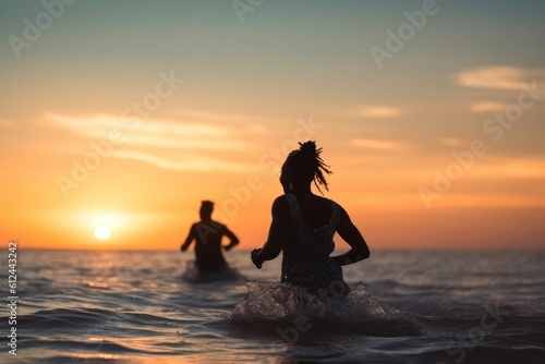Rear view of african american couple running into the sea through waves on beach vacation. couple walking towards sea during sunset. summer vacation  love  together  retirement and Generative AI