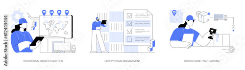 Blockchain technology in logistics abstract concept vector illustrations.