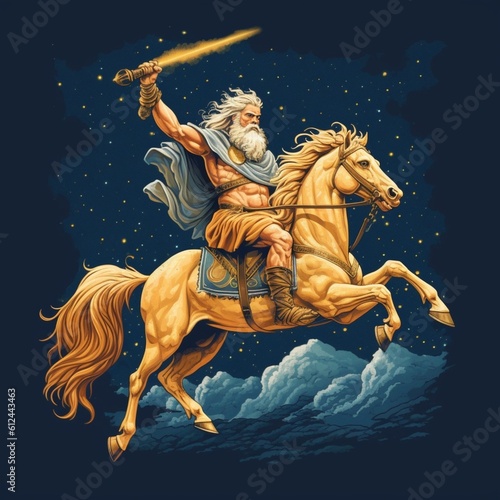 Zeus with a lightning bolt sword on a horse (ai generated)