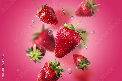 Composition of strawberries with water drops in the air. food levitation. concept