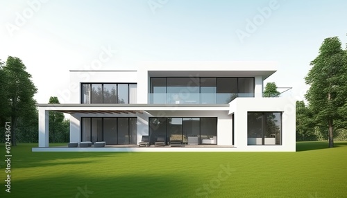 Modern house exterior day light with lawn grass.3d rendering © Eli Berr