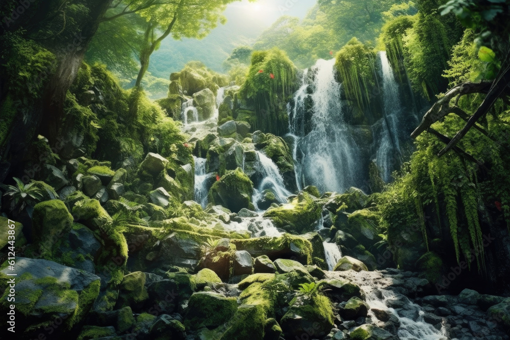 a mesmerizing waterfall framed by moss-covered rocks and lush, verdant foliage. Generative AI 