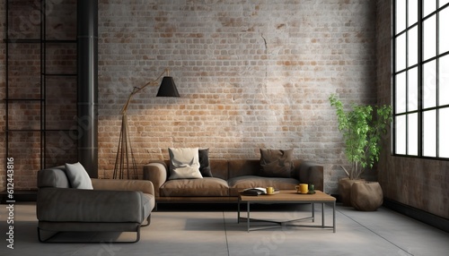Industrial loft living room interior with sofa,chair and brick wall.3d rendering © Eli Berr