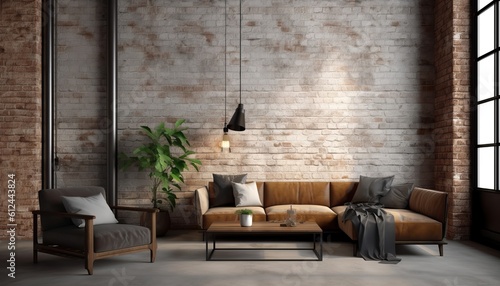 Industrial loft living room interior with sofa,chair and brick wall.3d rendering