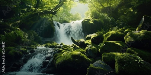 a mesmerizing waterfall framed by moss-covered rocks and lush  verdant foliage. Generative AI 