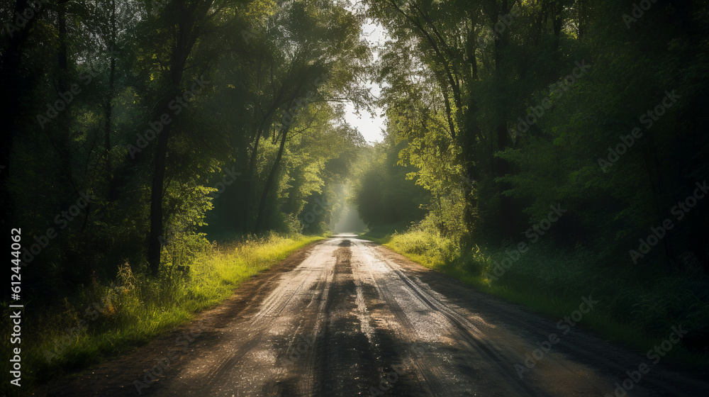 Fototapeta premium Get ready to be immersed in the summer vibes as you travel along the enchanting road flanked by majestic trees. 