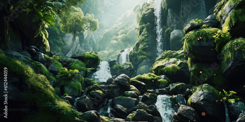 Nature's symphony unfolds as a cascading waterfall gracefully descends, nestled among moss-covered rocks and a lush green canopy. Generative AI 