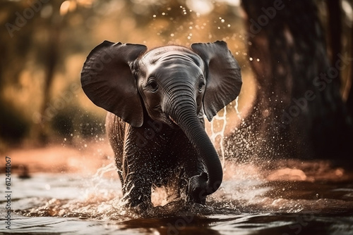 cute baby elephant calf splashing in water pond safari  photo