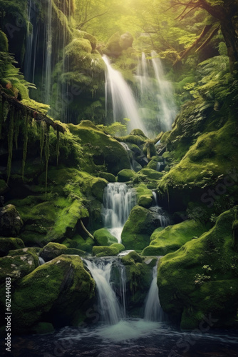 Nature's symphony unfolds as a cascading waterfall gracefully descends, nestled among moss-covered rocks and a lush green canopy. Generative AI 