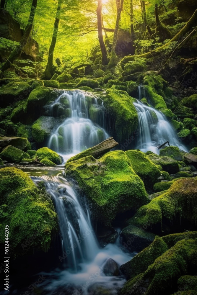 Obraz premium A cascading waterfall surrounded by moss-covered rocks and verdant foliage. Generative AI 