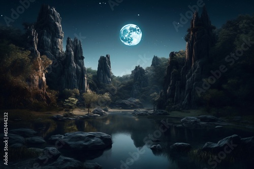 big full moon over small pond surrounded by rocks created with Generative AI technology