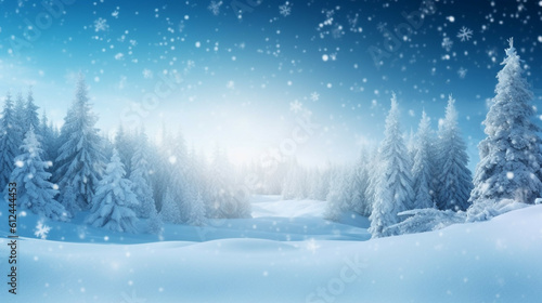 3D rendering of Winter landscape with snowy fir trees and blue sky. Merry Christmas Concept.Decoration Christmas Concept.