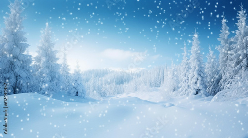 3D rendering of snow covered forest with blue sky and snowflakes. Merry Christmas Concept.Decoration Christmas Concept.