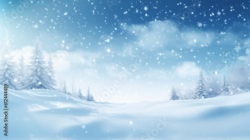 3D rendering of winter landscape with snowy fir trees and falling snow. Merry Christmas Concept.Decoration Christmas Concept.