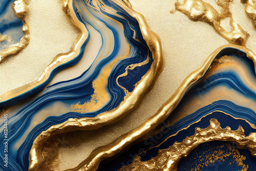 Blue and golden acrylic liquid ink swirl abstract background with ravishing turbulence wavy pattern and detailed texture. Luxury fluid liquid art by Generative AI.