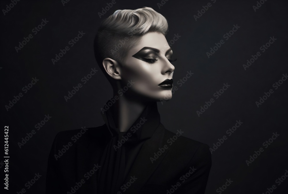 Fototapeta premium blonde model with black make up in black outfit created with Generative AI technology