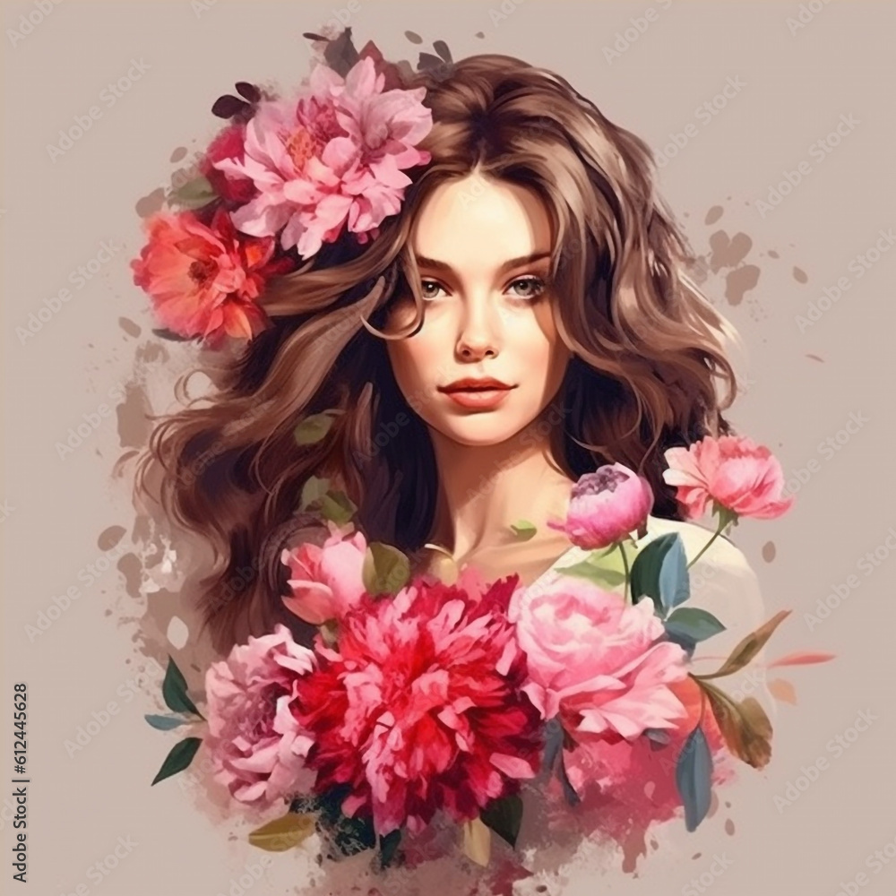 Beautiful young woman with flowers in her hair. Beautiful young woman with peony flowers in her hair. Vintage style. AI generated. Beautiful young woman with flowers in her hair. Beautiful young woman with peony flowers in her hair. Vintage style. AI generated.