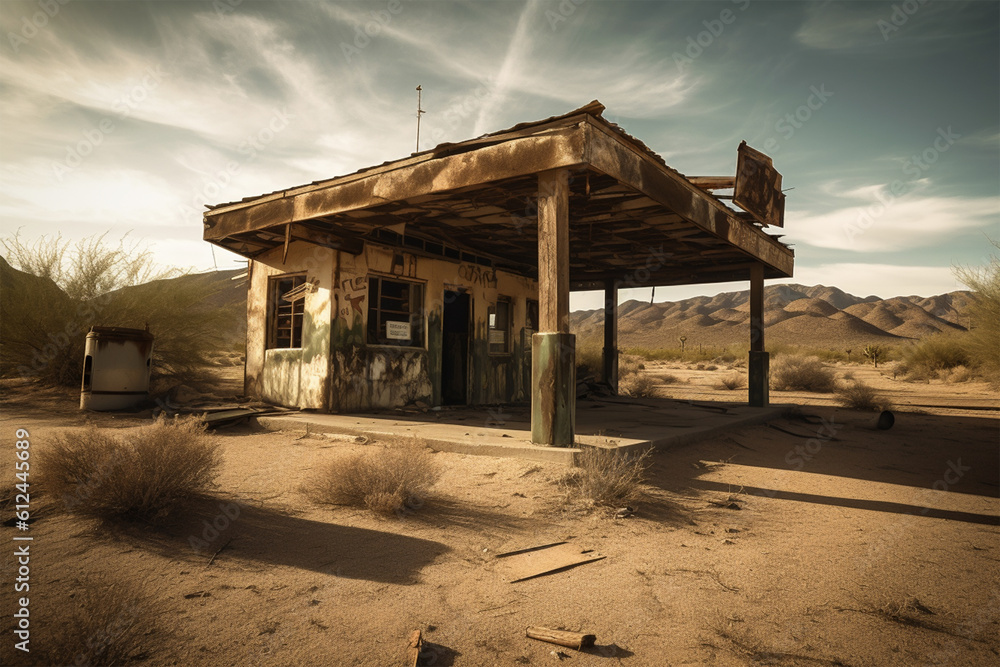 An abandoned shop in the middle of the desert.Created with generative ai An abandoned shop in the middle of the desert.Created with generative ai