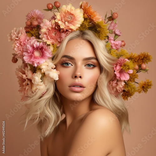 Fashion portrait of gorgeous sensual girl with blond hair in floral wreath.  Portrait of beautiful young woman with flowers in her hair. Beauty.  Attractive girl with wreath  flowers. AI generated © Valua Vitaly