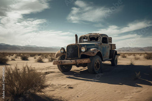 An abandoned old truck in the middle of the desert.Created with generative ai © leo10
