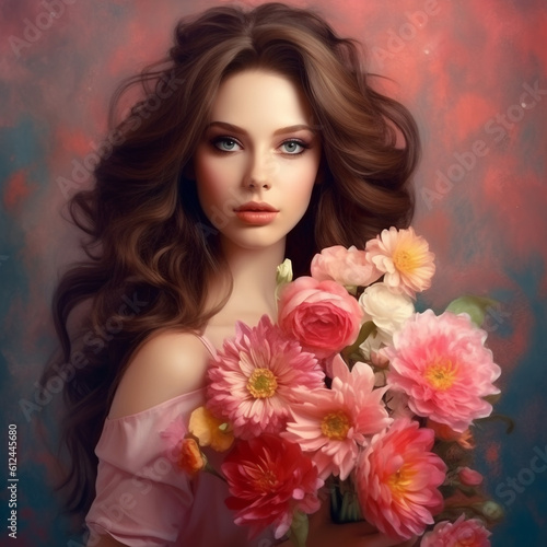 Portrait of beautiful young woman with long curly hair and bouquet of flowers. Beautiful young woman with long curly hair and flowers. Attractive girl with long wavy hair and  flowers. AI generated © Valua Vitaly