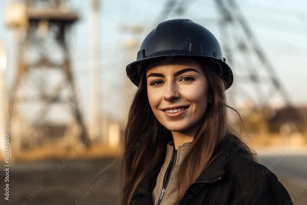 Portrait of a female construction worker on a construction side. Generative AI Portrait of a female construction worker on a construction side. Generative AI