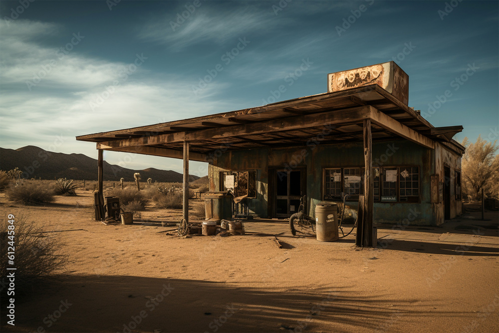 An abandoned gas station in the middle of the desert.Created with generative ai