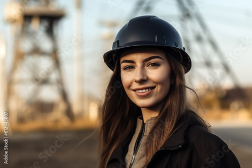 Portrait of a female construction worker on a construction side. Generative AI © Zenturio Designs