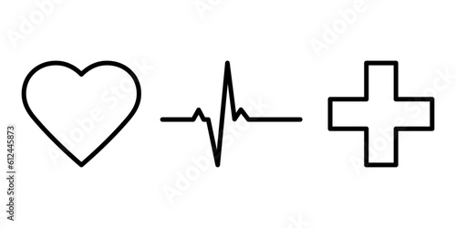 Medical line icons. Heartbeat, heart and cross line style