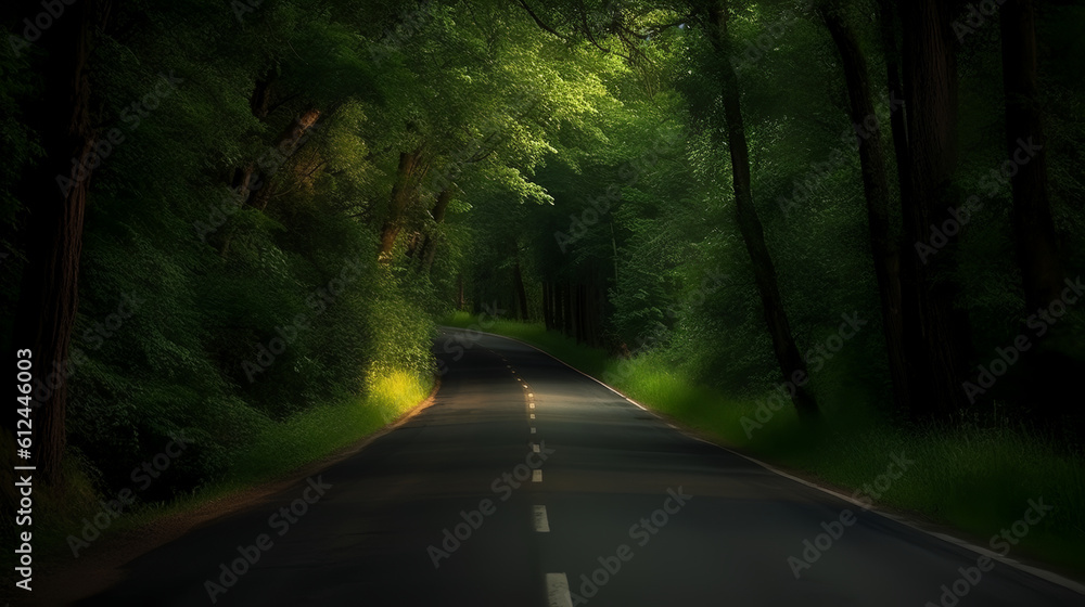 Fototapeta premium Get ready to be immersed in the summer vibes as you travel along the enchanting road flanked by majestic trees. 