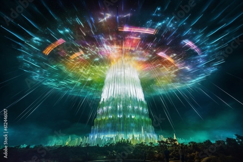 mighty beams of energy shoot up to the sky and spread out created with Generative AI technology