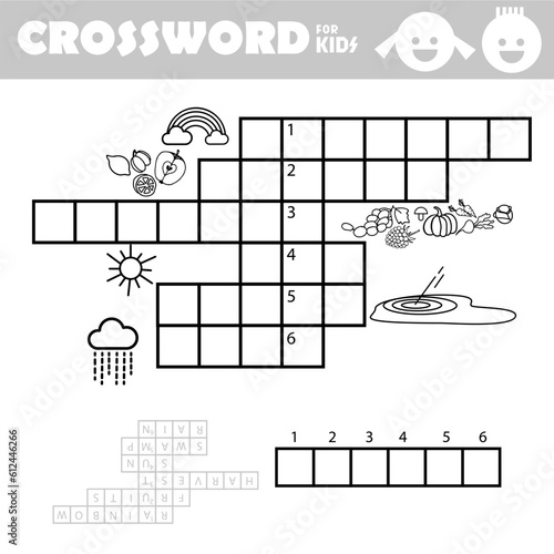 Word search crossword puzzle. Autumn. Find and write the words show in the picture. Fall. Harvest. Vector educational activity page for children. Worksheet learning English language